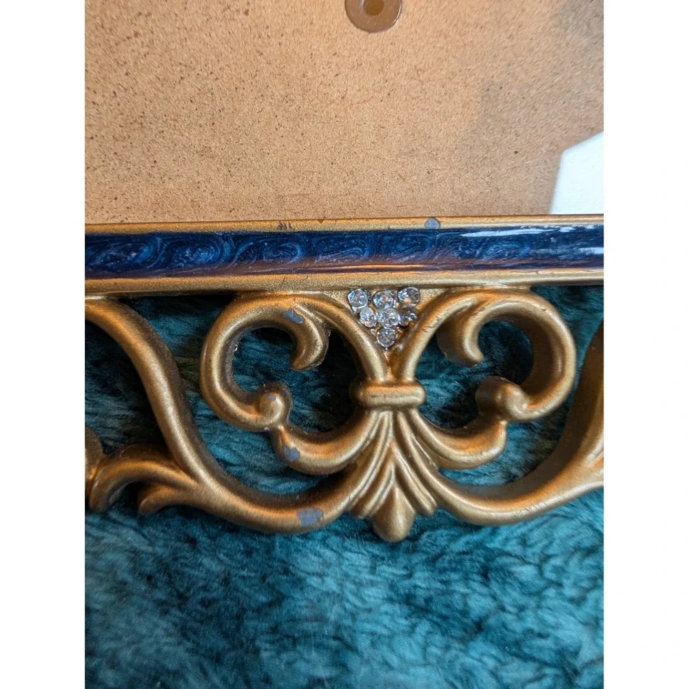 VTG 90s Ornate Gold Filigree Mini Pic Frame Blue Enamel Crystal Baroque Revival